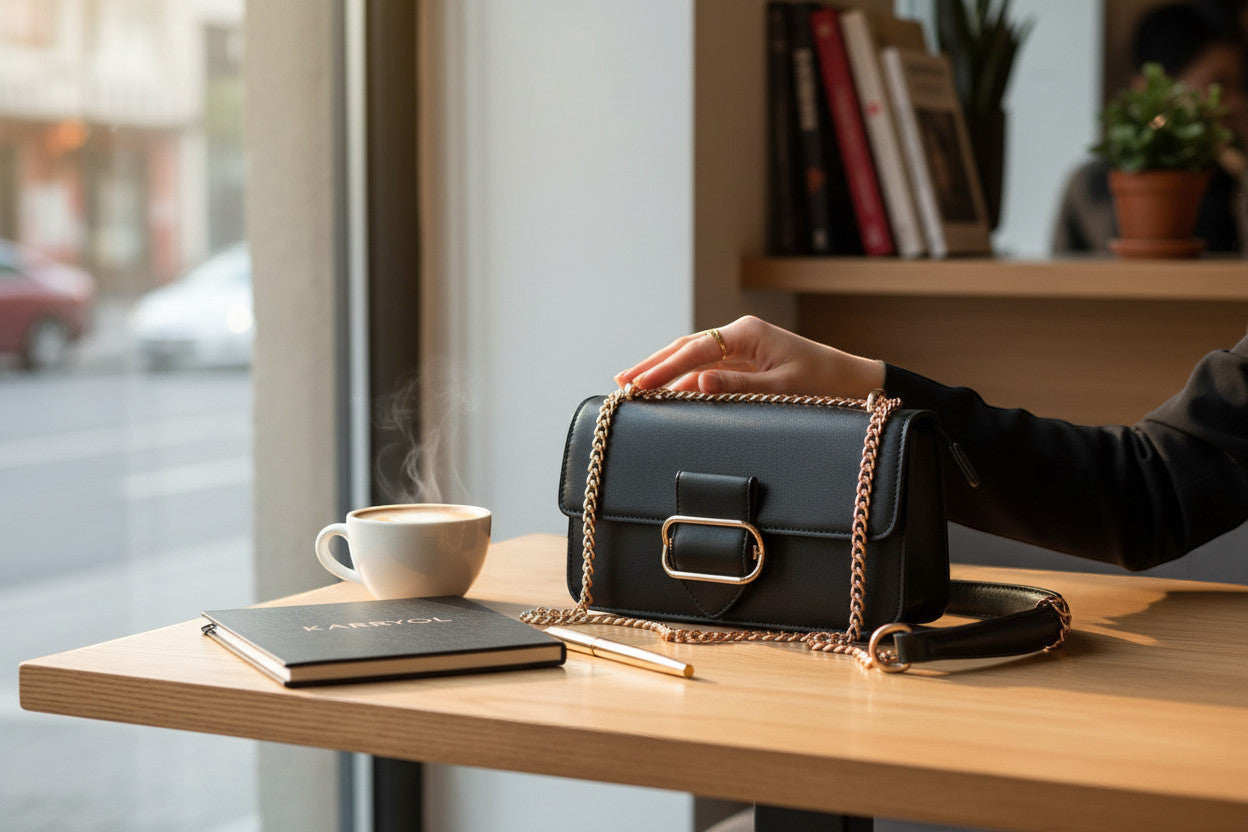 Karryol Mona black leather crossbody bag with gold chain strap and buckle detail, perfect for work or travel.