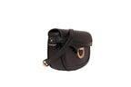 Karryol Bella black leather crossbody bag with gold-tone hardware and adjustable strap.