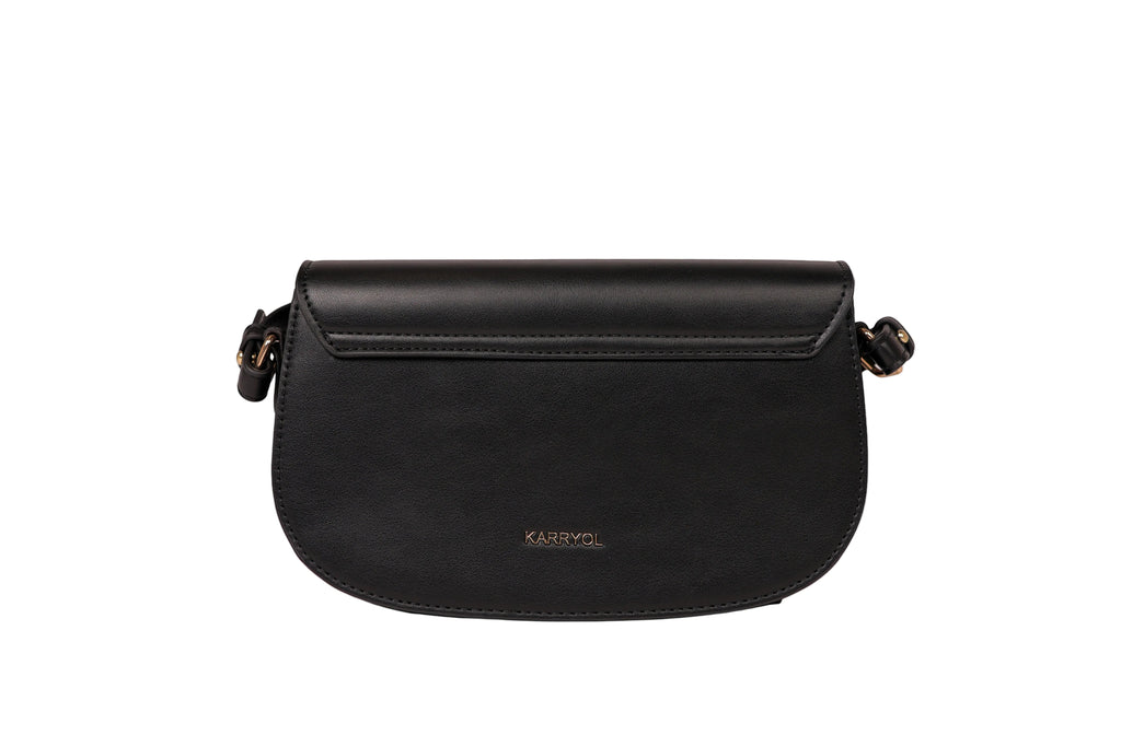 Karryol Bella black leather crossbody bag with gold-tone hardware and adjustable strap. Perfect for daily use.