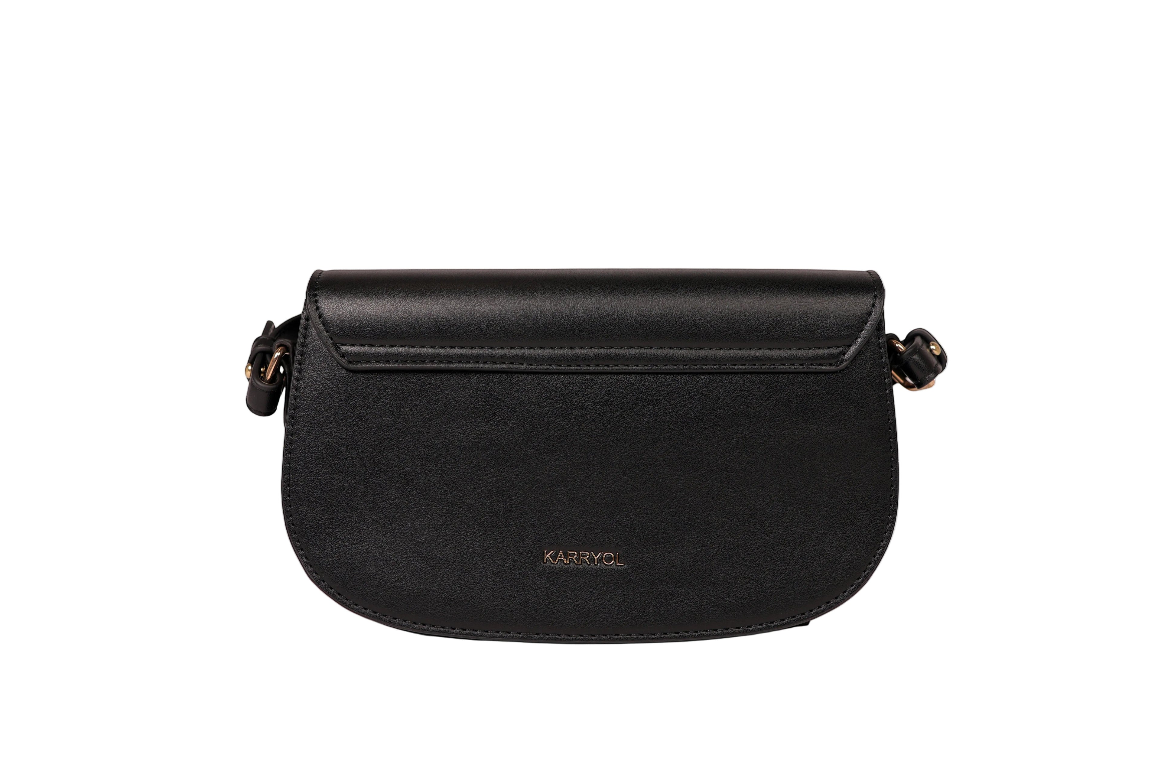 Karryol Bella black leather crossbody bag with gold-tone hardware and adjustable strap. Perfect for daily use.
