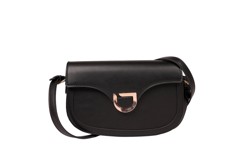 Karryol Bella black leather crossbody bag with gold-tone hardware and adjustable strap.