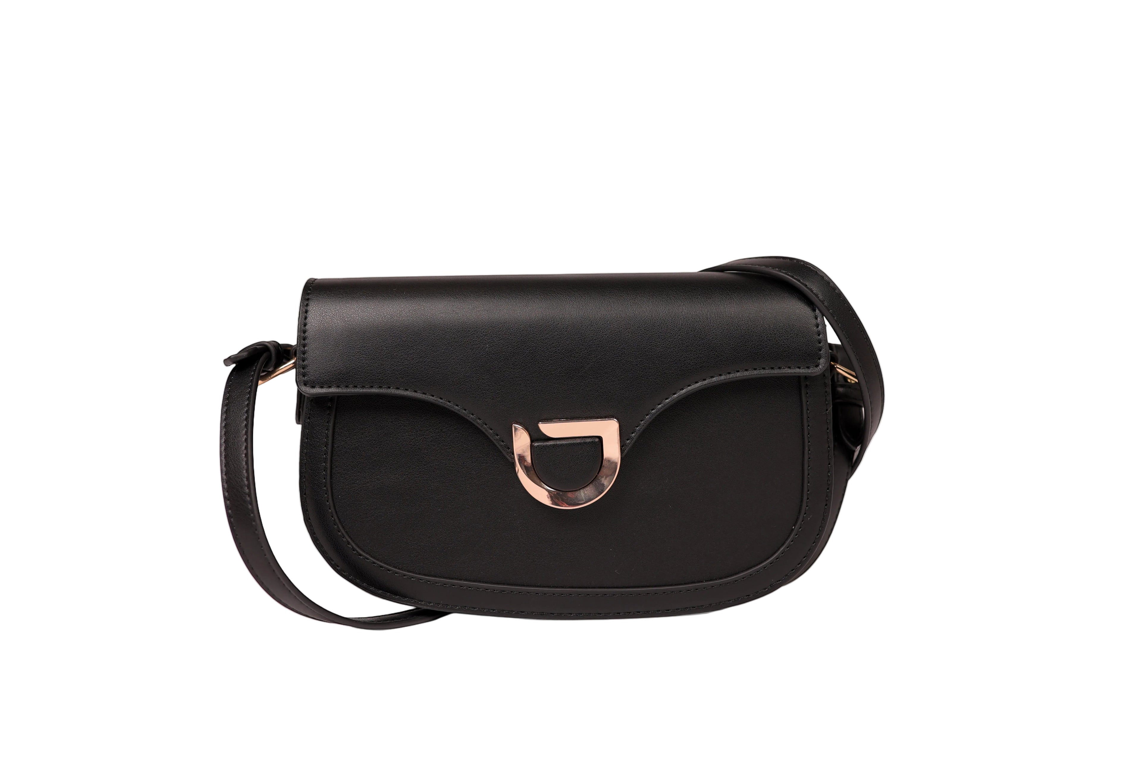 Karryol Bella black leather crossbody bag with gold-tone hardware and adjustable strap.