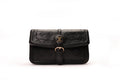 KARRYOL black leather Kari crossbody bag with embossed monogram panel and gold-tone hardware, perfect for work or casual outings.