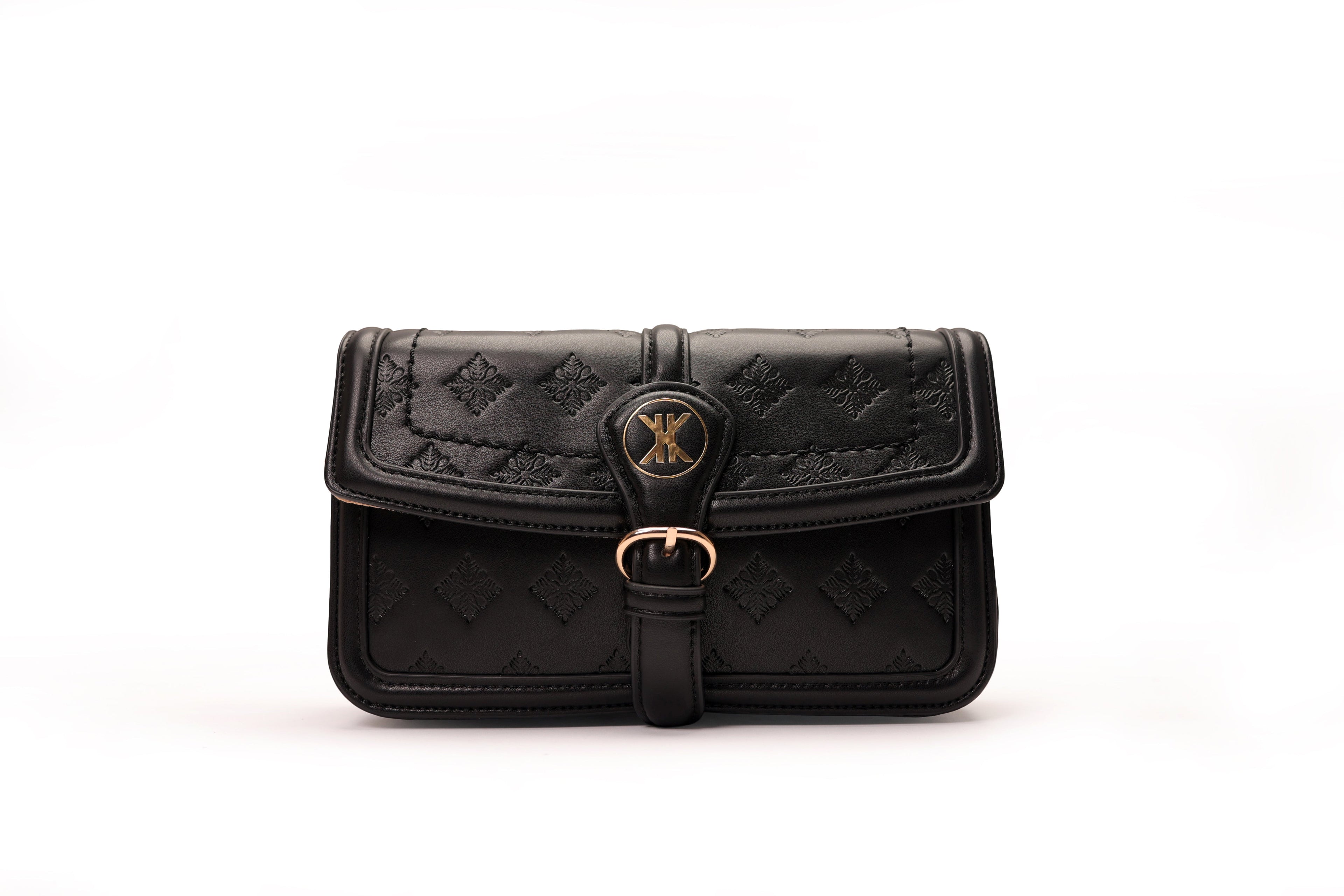 KARRYOL black leather Kari crossbody bag with embossed monogram panel and gold-tone hardware, perfect for work or casual outings.