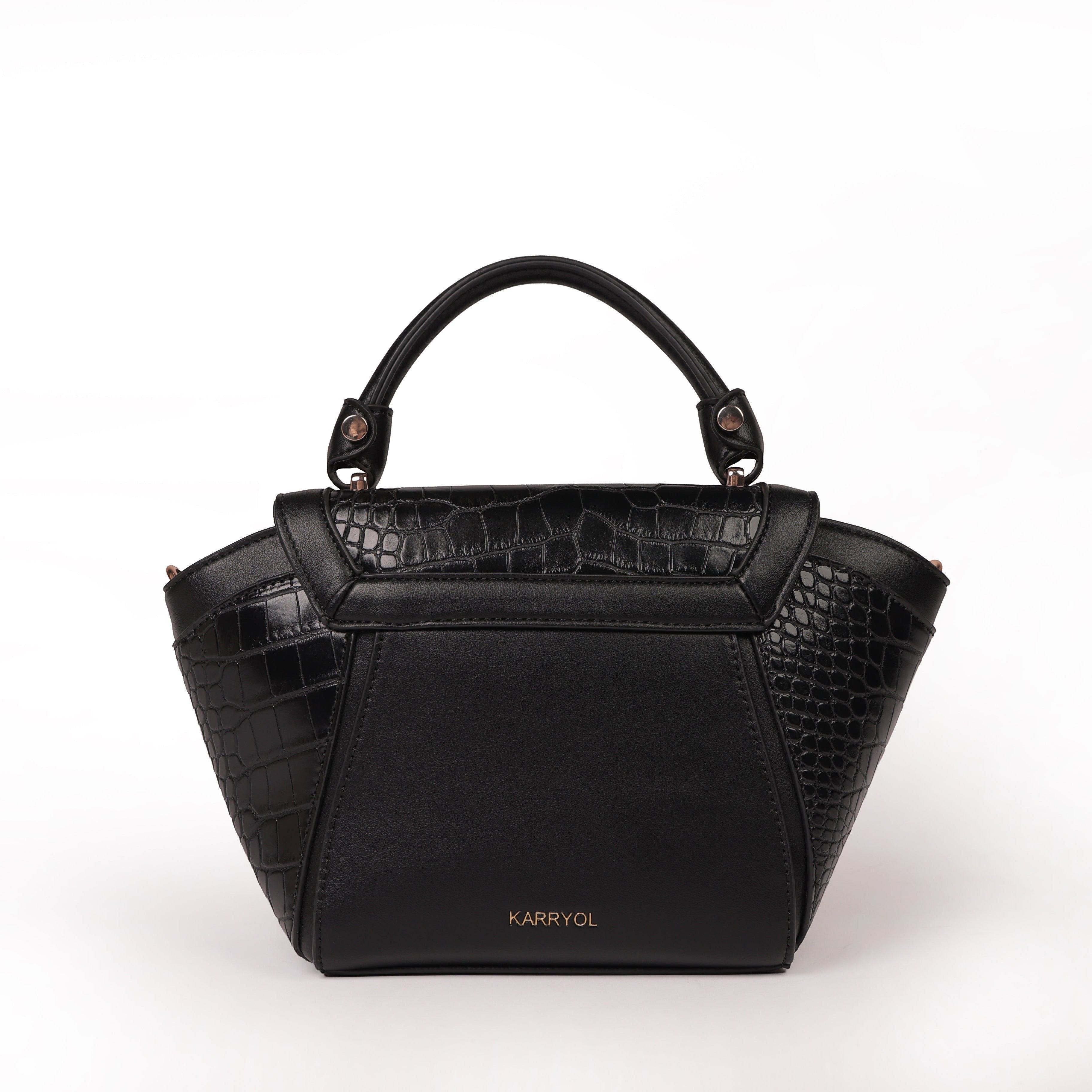 Karryol Lolita black mock-croc embossed crossbody bag with top handle and gold-tone hardware.
