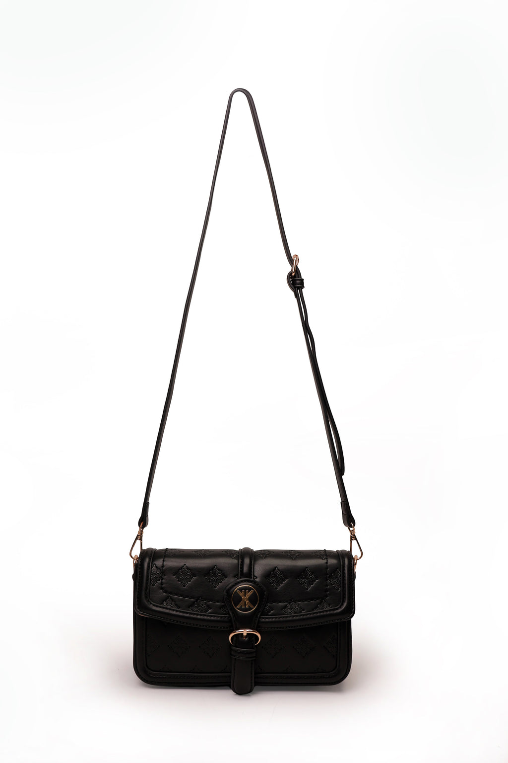 KARRYOL black faux leather crossbody bag with embossed monogram panel and gold-tone buckle detail.