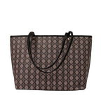 KARRYOL Simmone black monogram canvas tote bag with contrast faux leather trim and dual top handles.