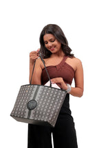 KARRYOL Simmone black monogram canvas tote bag with contrast faux leather trim and dual top handles.