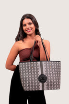 KARRYOL Simmone black monogram canvas tote bag with contrast faux leather trim and dual top handles.