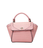 Karryol Lolita pink mock-croc embossed crossbody bag with top handle and gold-tone hardware.