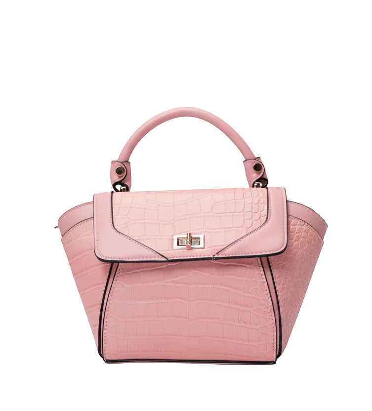 Karryol Lolita pink mock-croc embossed crossbody bag with top handle and gold-tone hardware.