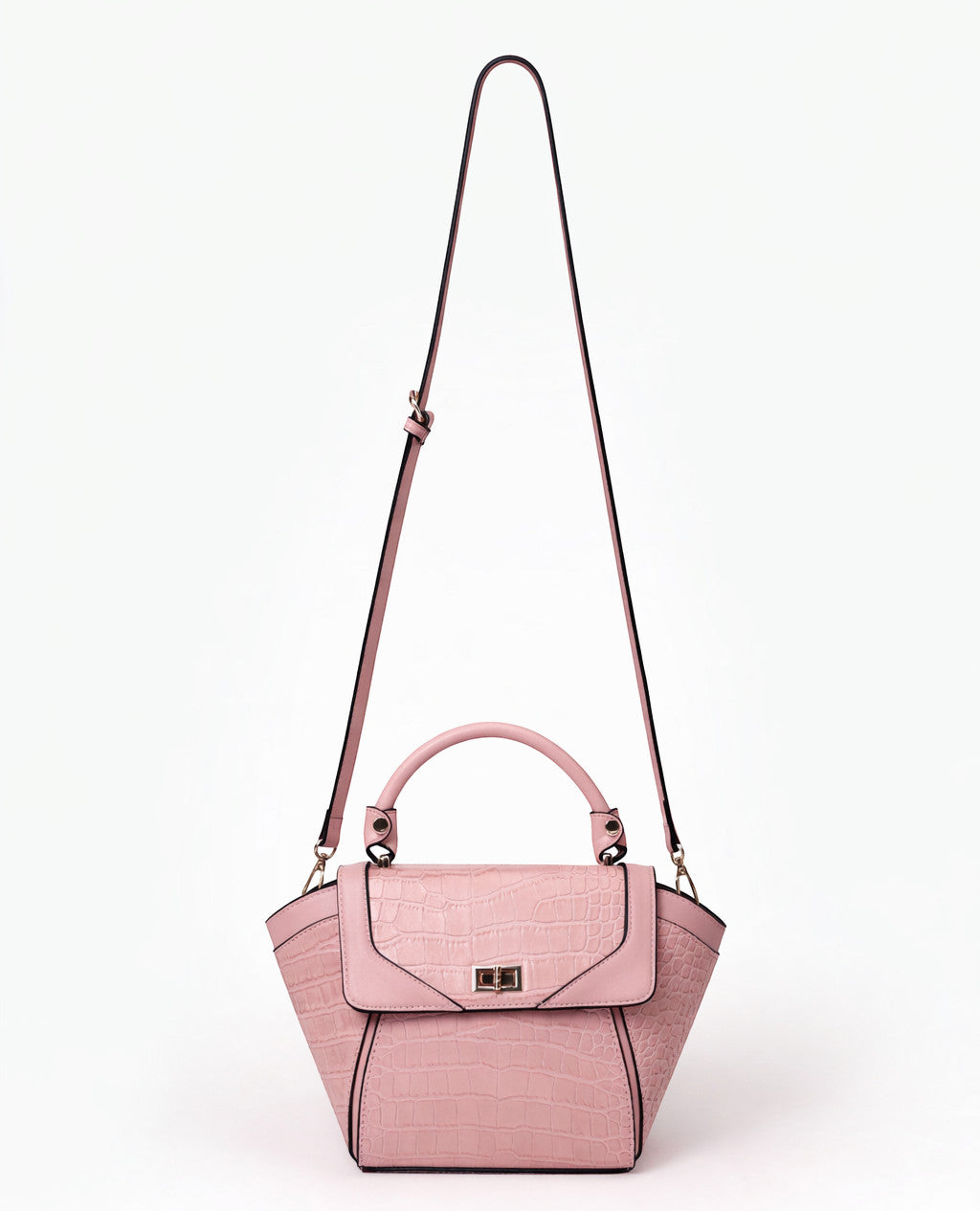 Karryol Lolita pink mock-croc embossed crossbody bag with top handle and gold-tone hardware.