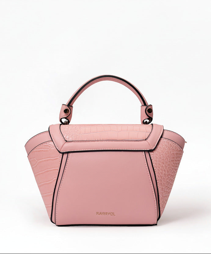 Karryol Lolita pink crossbody bag with mock-croc embossed finish, top handle, and gold-tone hardware.