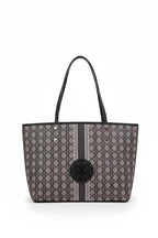 KARRYOL Simmone black tote bag featuring a signature monogram canvas print, faux leather trim, and dual top handles.