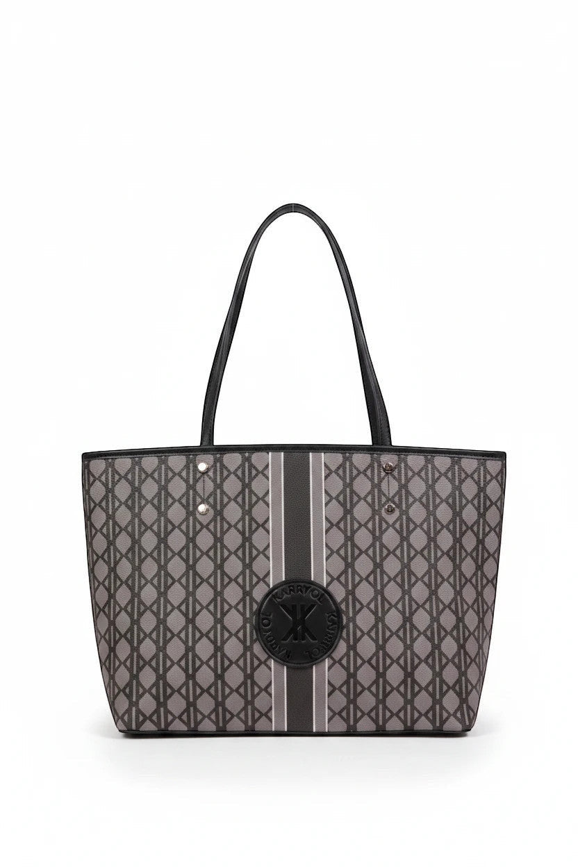 KARRYOL Simmone black tote bag featuring a signature monogram canvas print, faux leather trim, and dual top handles.