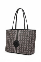 KARRYOL Simmone black tote bag featuring signature monogram canvas print, faux leather trim, and dual top handles.