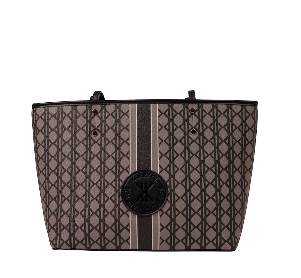 KARRYOL Simmone tote bag in black monogram canvas with contrast faux leather trim and handles. Features a central stripe and logo plaque.