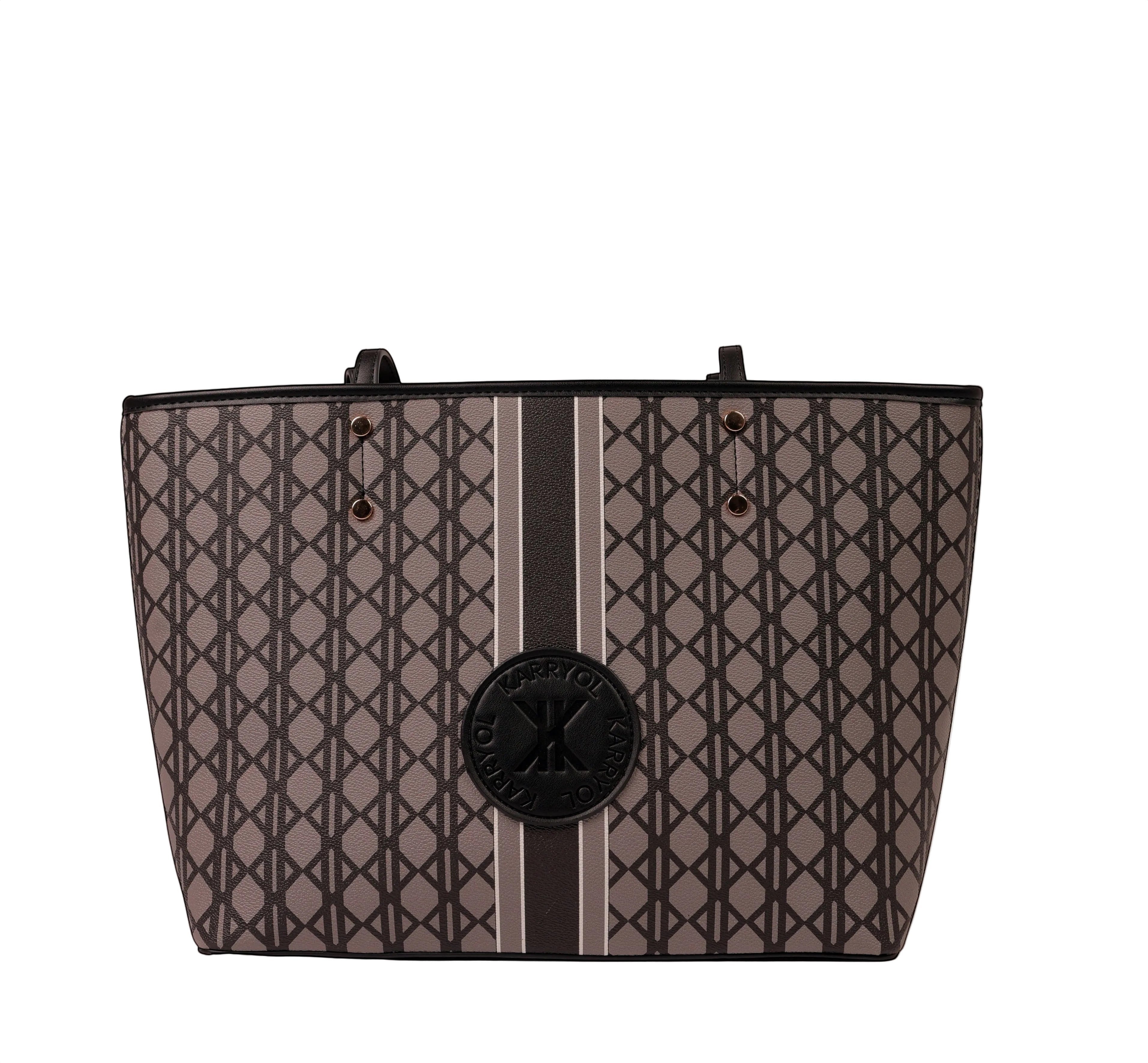 KARRYOL Simmone tote bag in black monogram canvas with contrast faux leather trim and handles. Features a central stripe and logo plaque.