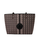 KARRYOL Simmone tote bag in black monogram canvas with contrast faux leather trim and handles. Features a central stripe and logo plaque.