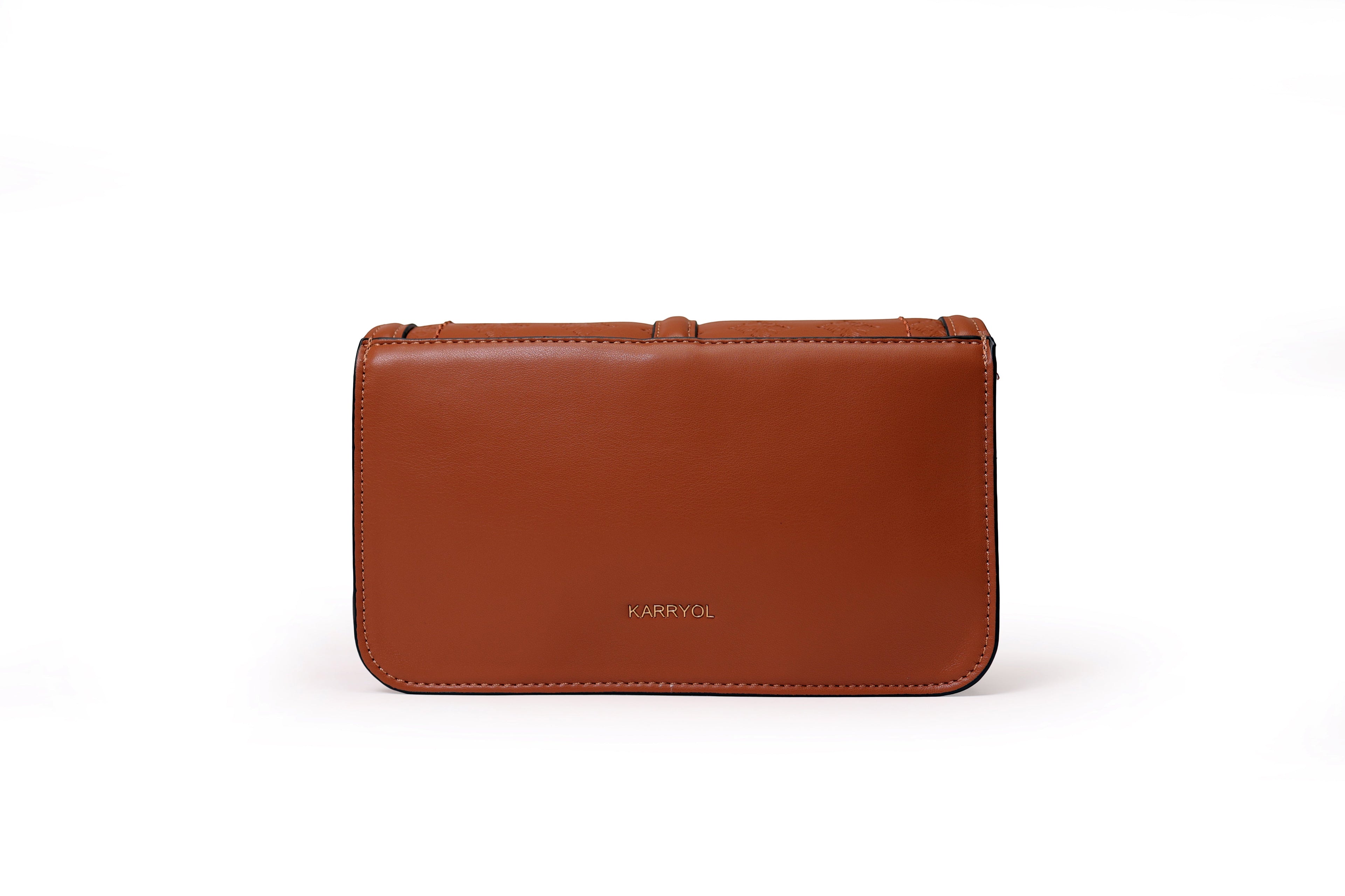 KARRYOL tan leather Kari crossbody bag with embossed monogram panel and gold-tone hardware. Structured design with adjustable strap.