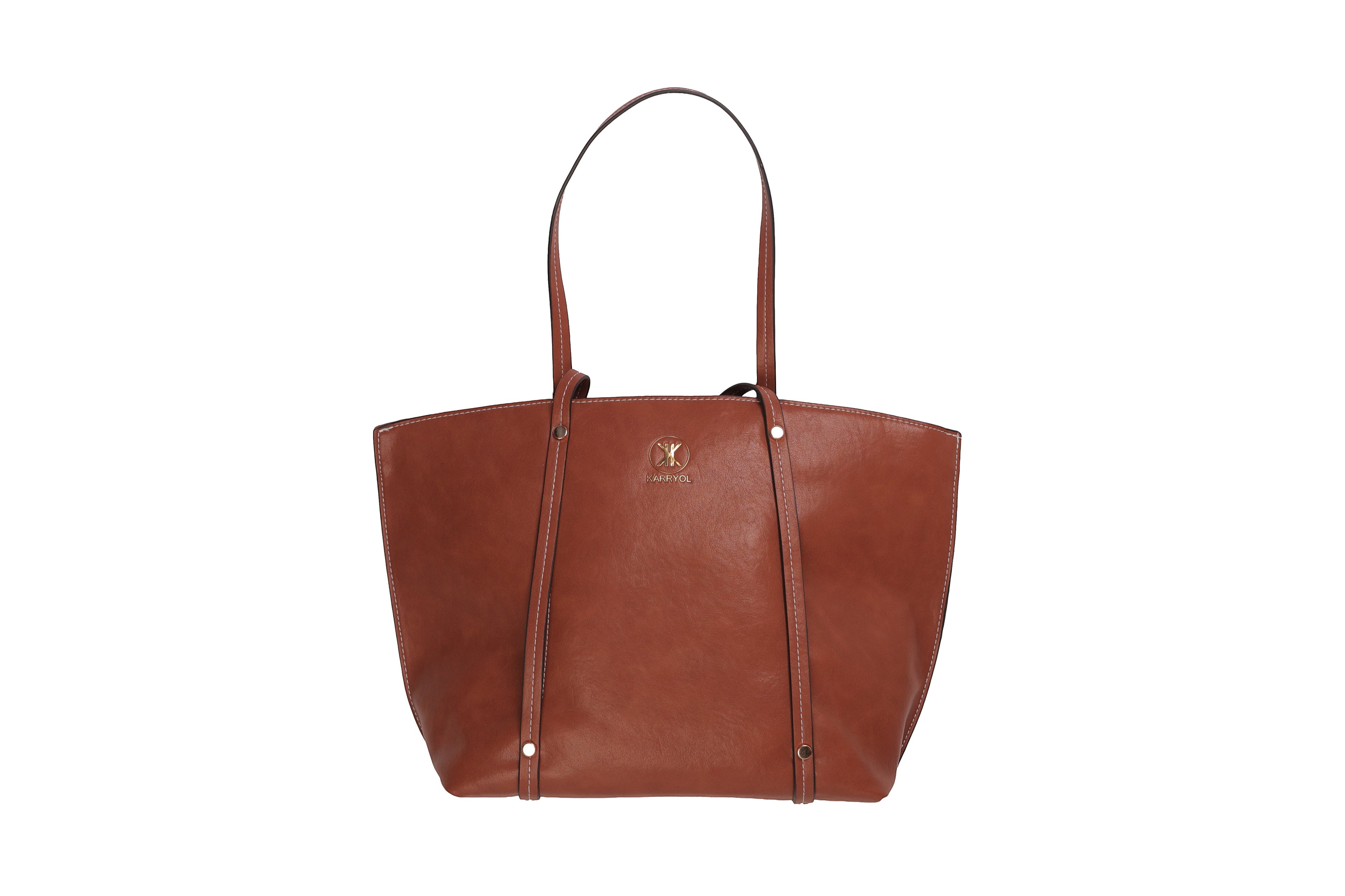 KARRYOL tan leather Monica tote bag with dual top handles, zipper closure, and embossed logo. Spacious interior perfect for work or travel.
