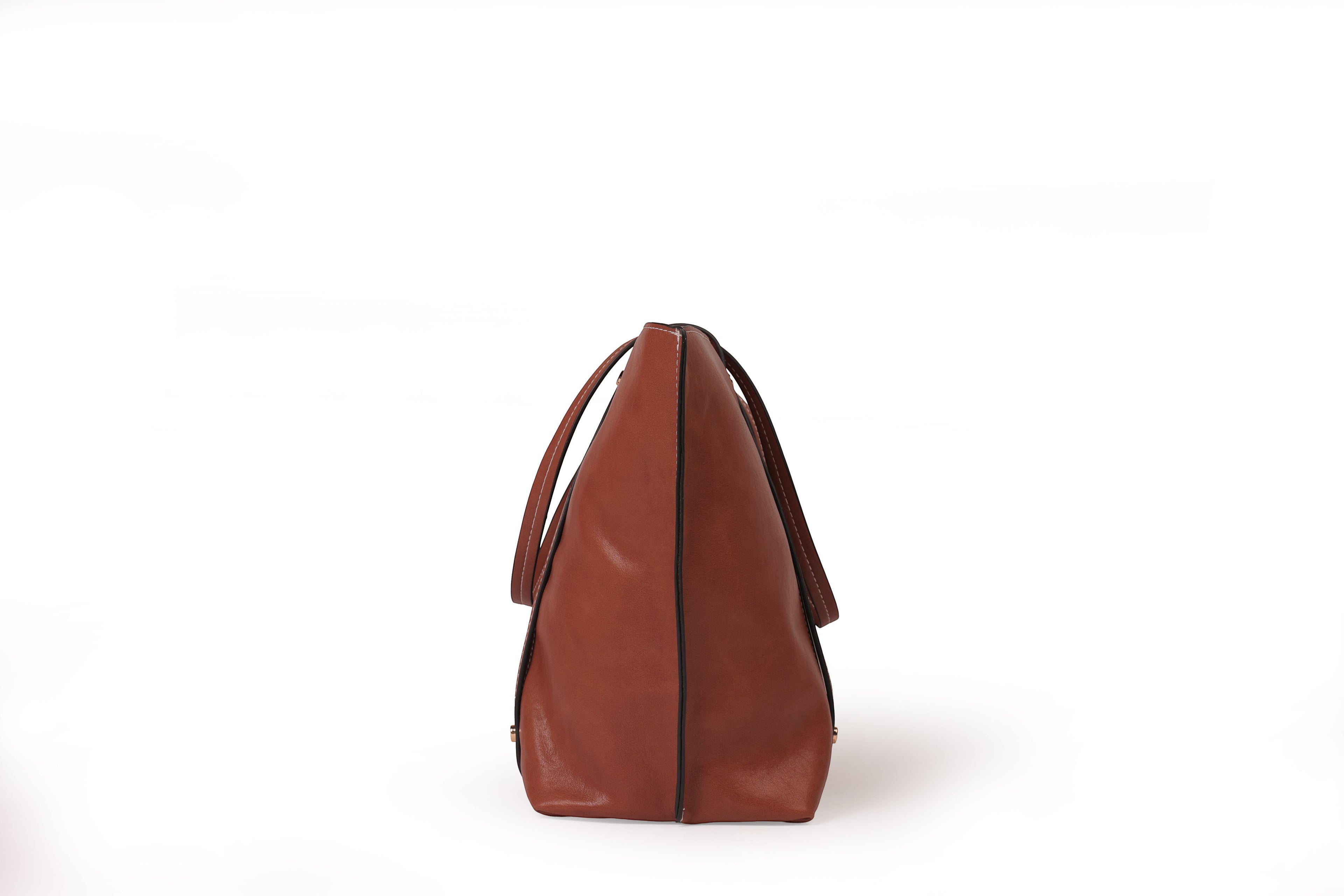 KARRYOL Monica tan leather tote bag with dual top handles and zipper closure, perfect for work or travel.