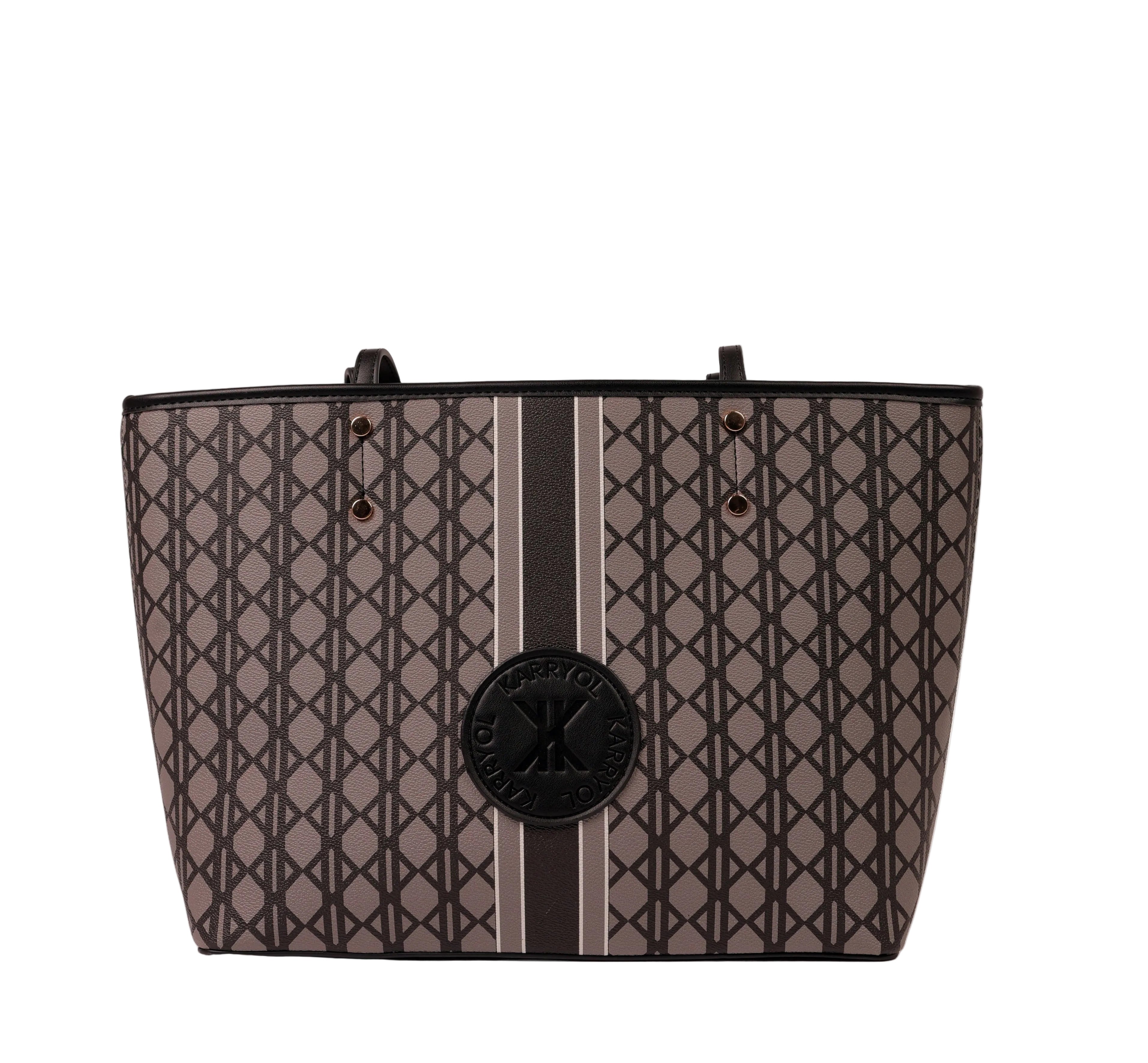 Patterned handbag with a central logo on a white background